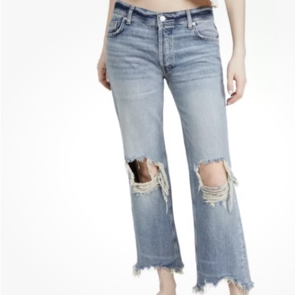 FREE PEOPLE Distressed Maggie Straight Jeans 26 Cropped Light Stone Fray Rip